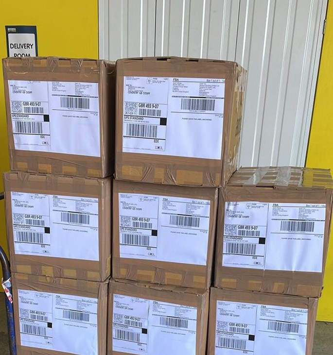 Amazon FBA labelled cartons stacked and ready for shipment at the TERA Fulfilment warehouse