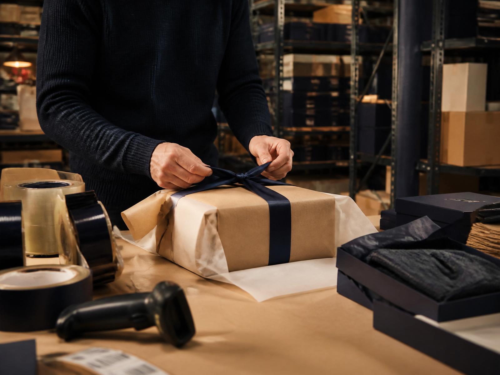 TERA Fulfilment Londra deposunun paketleme bankosu ve düzenli rafları
